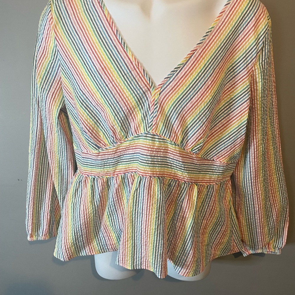 J. Crew Pink and Yellow Peplum Smocked Blouse